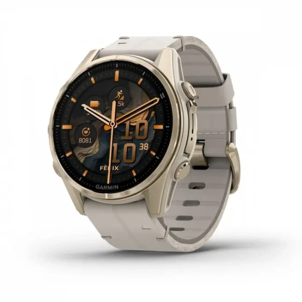 GARMIN FENIX 8 - 43 MM, AMOLED, SAPPHIRE SOFT GOLD STAINLESS STEEL WITH FOG GRAY LEATHER BAND PLUS FOG GRAY/DARK SANDSTONE SILICONE BAND 010-02903-40 010-02903-40 от прозводителя Garmin